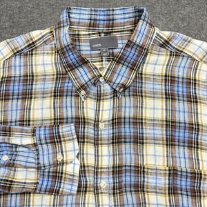 Vince Shirt Mens XXL Blue‎ Brown Plaid Linen Long Sleeve Lightweight Button Down